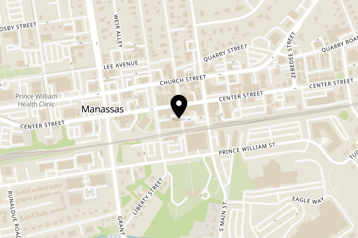 Map showing the location of Singas Famous Pizza Manassas on 9412 Battle St Unit 102 in Manassas