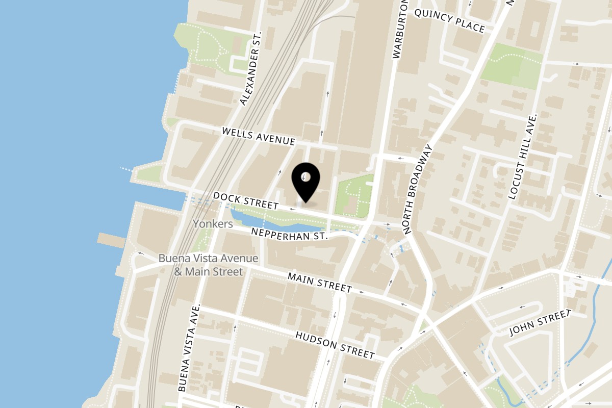 Map showing the location of Singas Famous Pizza Yonkers on 41 Dock St in Yonkers
